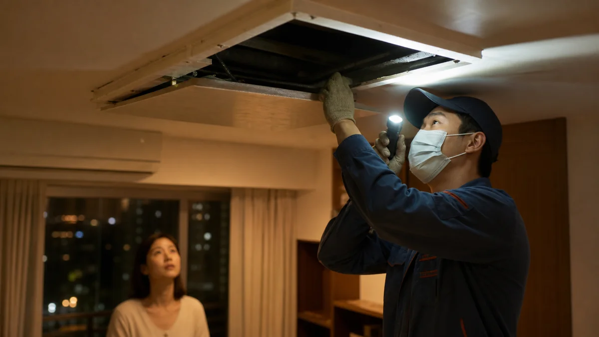 天花板抓爬聲檢查:技師夜間查看維修孔